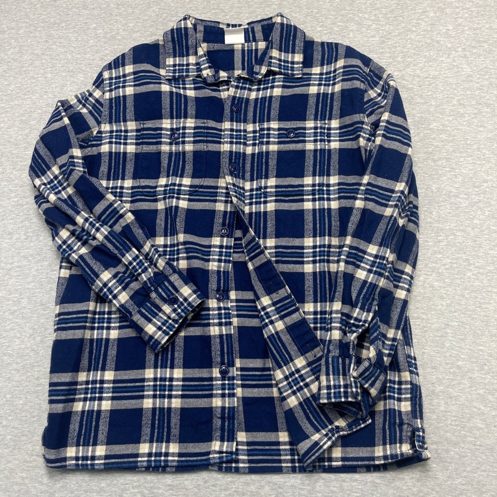 Gap Kids Flannel Shirt Boys L 10 Husky Plaid Blue Tan Button-down EUC Bundle Two - Picture 4 of 9